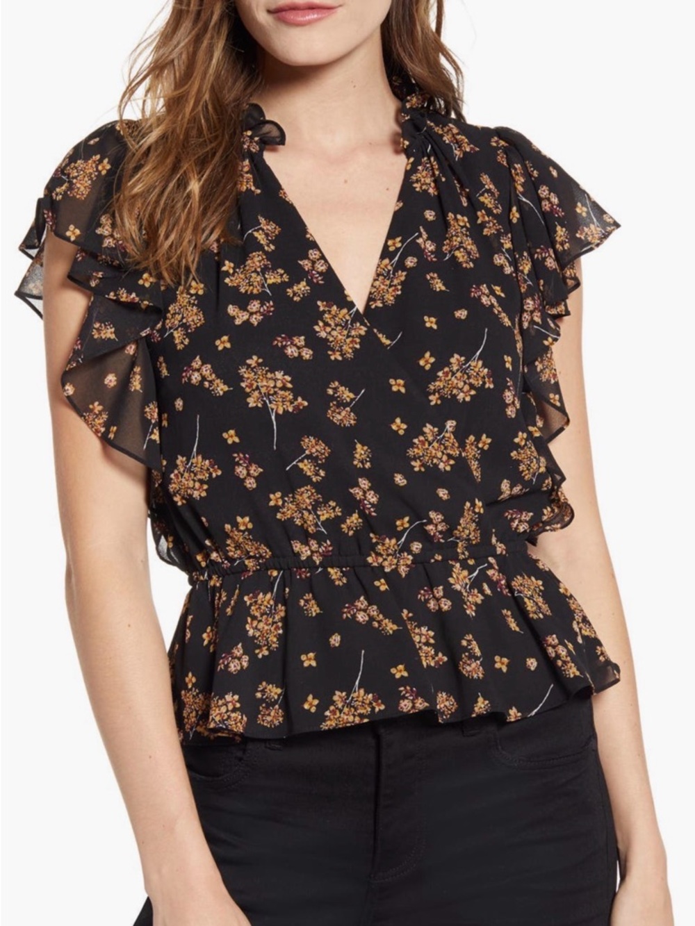 1.State Floral Flounce Sleeve Wrap Front Blouse